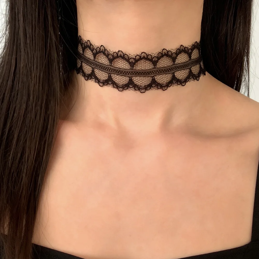 Black White Color Lace Mesh Choker Necklace for Women Cute Sweet Short Collarbone Chain Sheer See Through Necklace for Girls
