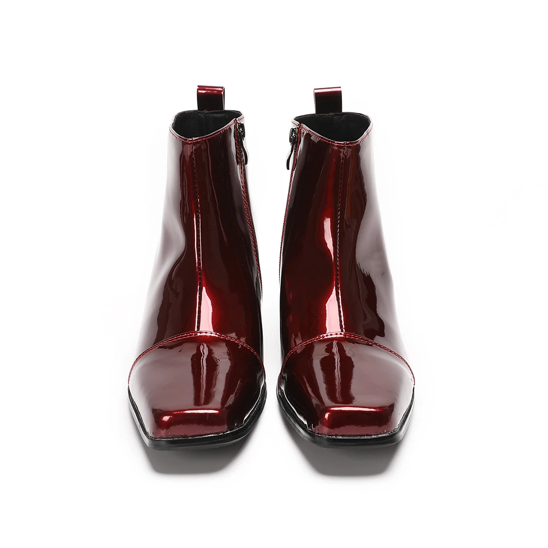 Male Red Genuine Leather High Heel Ankle Boots men Zipper square Toe Block Heel Night Club Party short boot Plus Size dress Shoe view 3