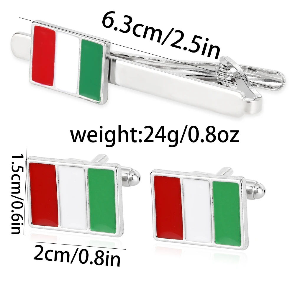 Flag of Italy Cufflinks&Tie Clip Set Red White Green Bandiera d\'Italia Sleeve Button Jewerly Accessories