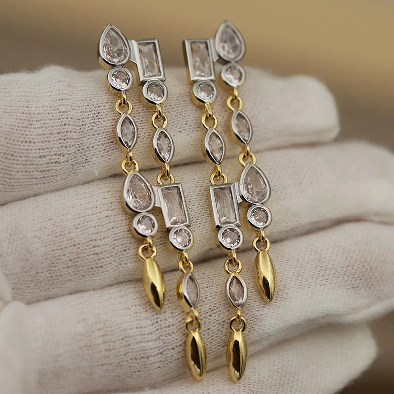 New Sight Design Metal Crystal Long Tassel Stud Earrings for Women Fashion Brand Jewelry Delicate Zirconia Waterdrop Earrings