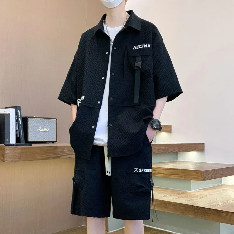 

Men's Five-quarter Sleeve Shirt and Shorts Set Small Fragrance Short Sleeve Summer Trendy Hong Kong Style Casual Loose Handsome