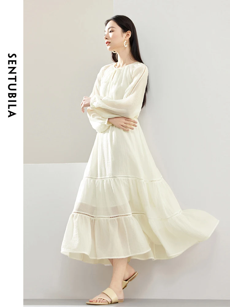 SENTUBILA Women French Swing Long Dresses 2024 Woman Tie Round Neck Lantern Sleeve Elastic Waist Dress Female Clothing 141L53534