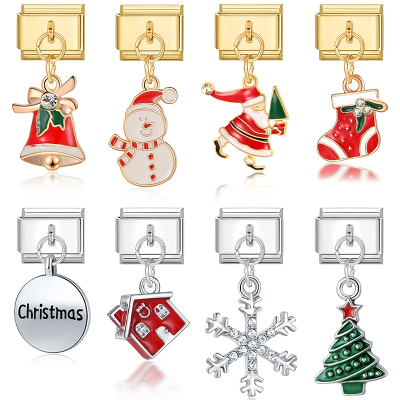 9mm Christmas Tree Snowman Deer Santa Claus Italian Charm Links Fit Stainless Steel Bracelet Jewelry DIY Making