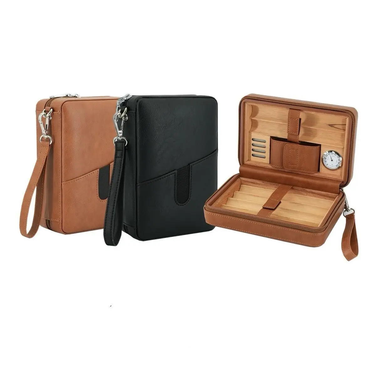 

Brown Leather And Cedar Wood Cigar Storage Box, Portable Travel Suitcase.