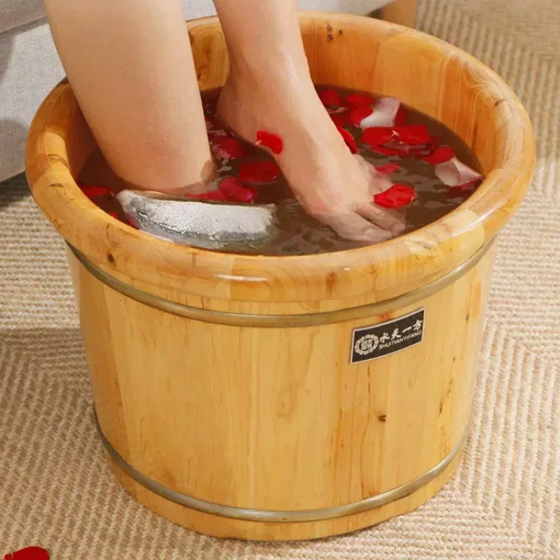 Cypress Wood Thick Pedicure Foot Bucket with Wooden Lid, Insulation Environmental Protection Foot Barrel, 26cm