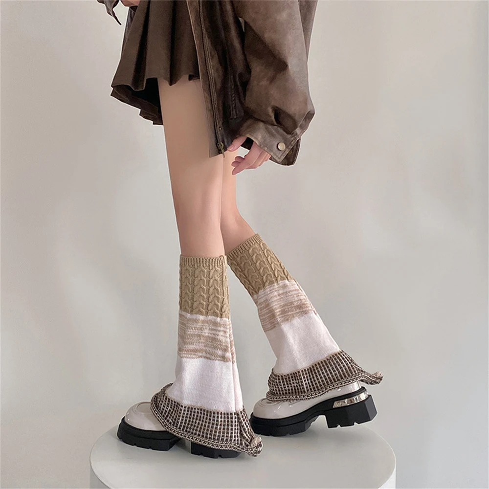 Retro Wide-leg Socks Women Knitted Patchwork Hot Girls Leg Warmers Boot Covers Knee Protector Leggings Sweet Lolita Y2K Stocking