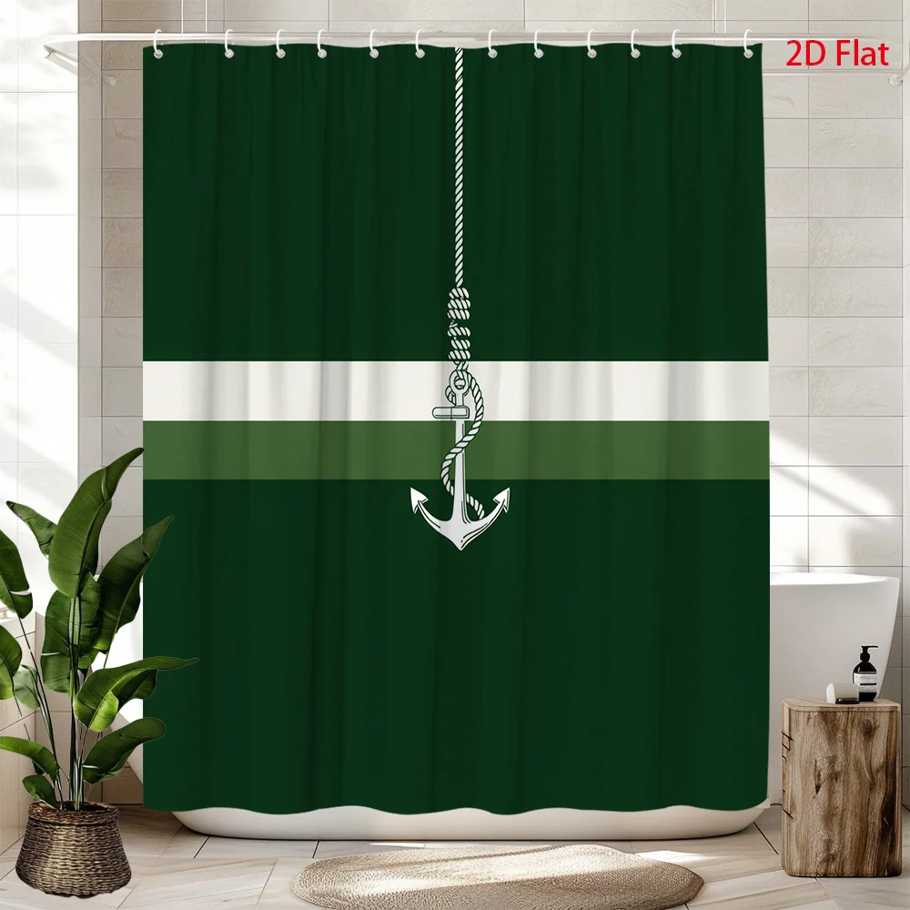 

Nautical Anchor Shower Curtain, Dark Green Striped Marine Decor, Rope Anchor Design, Waterproof Bathroom Curtain