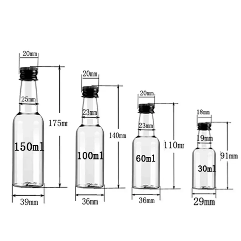 30 sztuk 30ml-150ml Mini aluminiowa zakrętka plastikowa butelka puste butelki na sok pojemniki wielokrotnego użytku do dekoracji DIY wesele