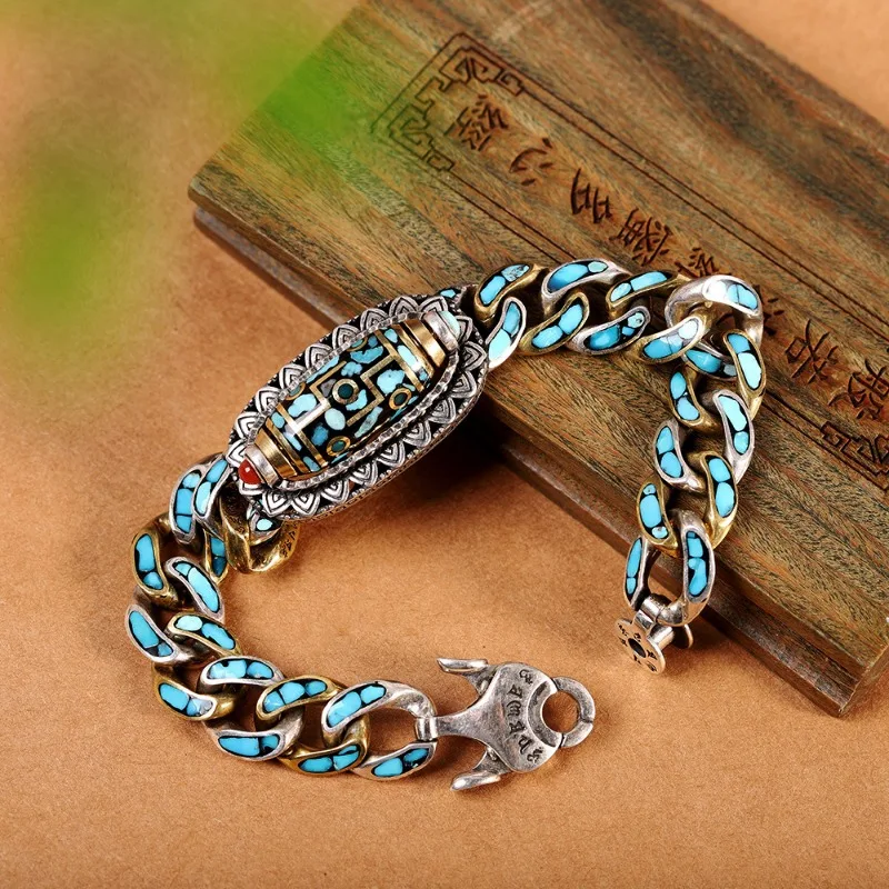 

Ethnic style 925 silver inlaid Nine Eyed Tianzhu bracelet for men's fashion vintage blue enamel bangles banquet jewelry