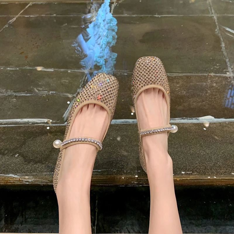 

Full Diamond Air Mesh Ballerina Shoes Woman Square Toe Mary Janes Crystal Flats Ladies Brides Wedding Loafers Dance Ballet Shoes