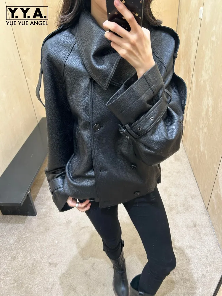 Women Autumn Oversized Loose Fit Sheepskin Genuine Leather Jacket Double Breasted Boyfriend Style Outwear Coat Designer Jackets
