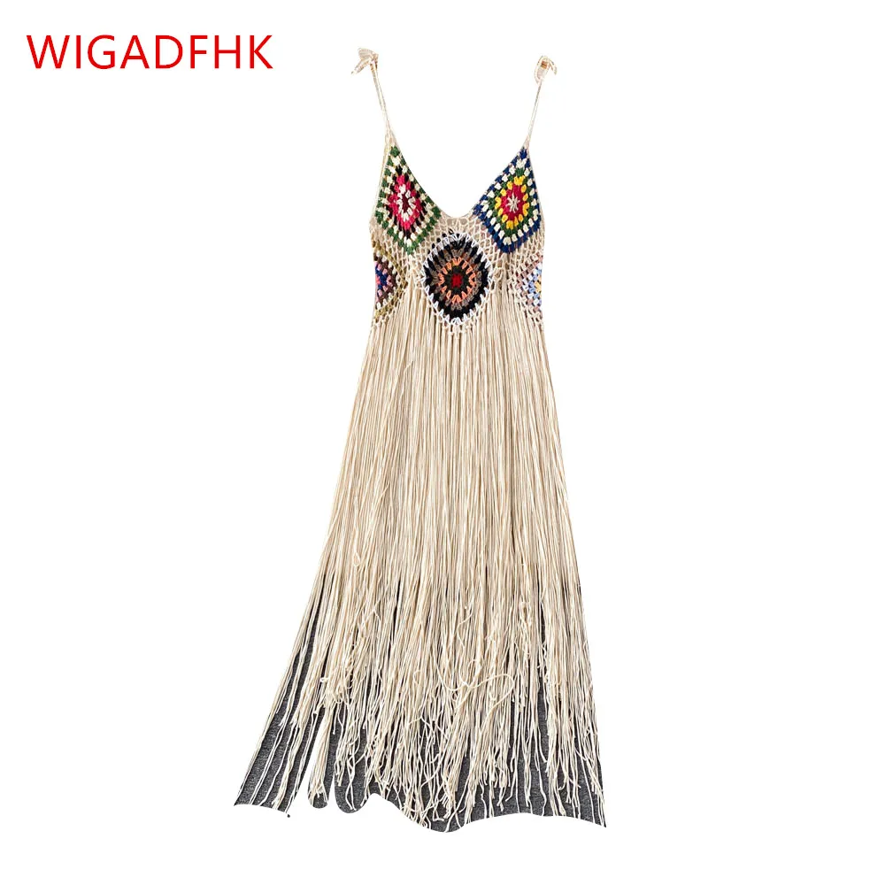 WIGADFHK, vestido elegante a la moda con recortes de ganchillo y flecos, vestido Vintage con espalda descubierta y dobladillo con flecos, vestido con tirantes para mujer