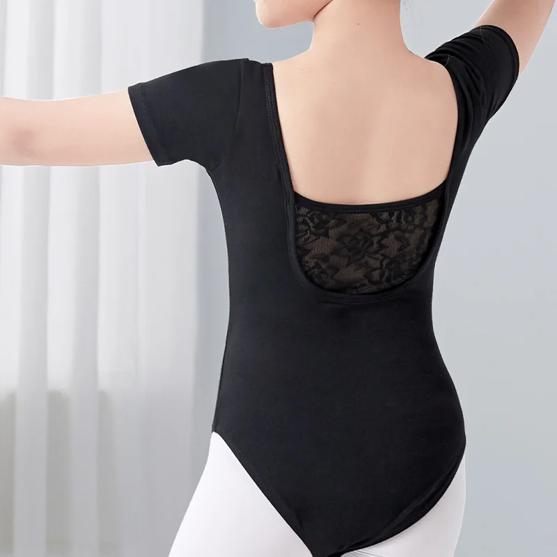 Girls Black Ballet Leotards Kids Lace Splice Dance Wear Short Sleeve Gymnastics Bodysuit for Dancing