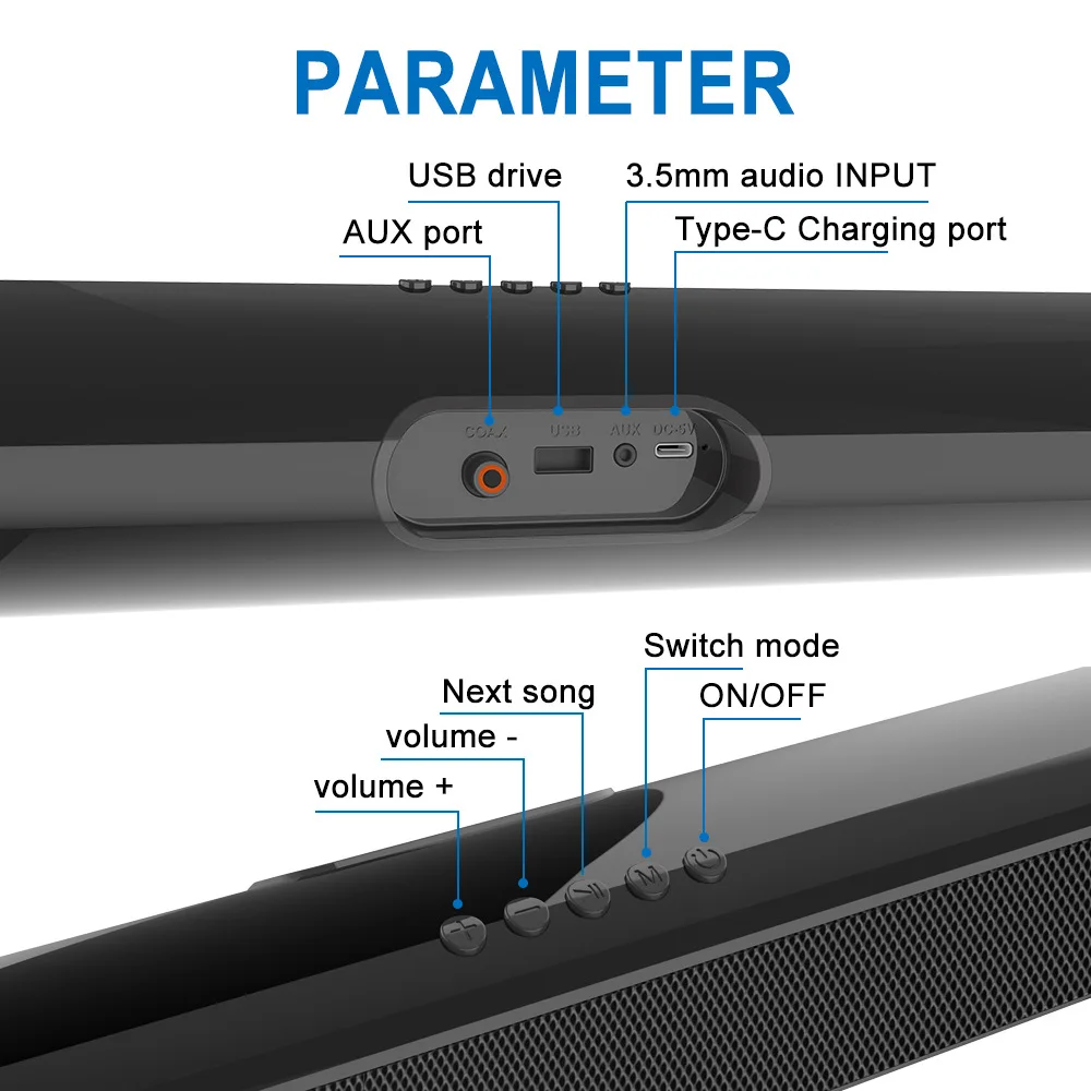 Petite barre de son pour TV cinéma avec Bluetooth, connexion USB AUX, système audio 2.1, adapté aux haut-parleurs portables sans fil d'extérieur
