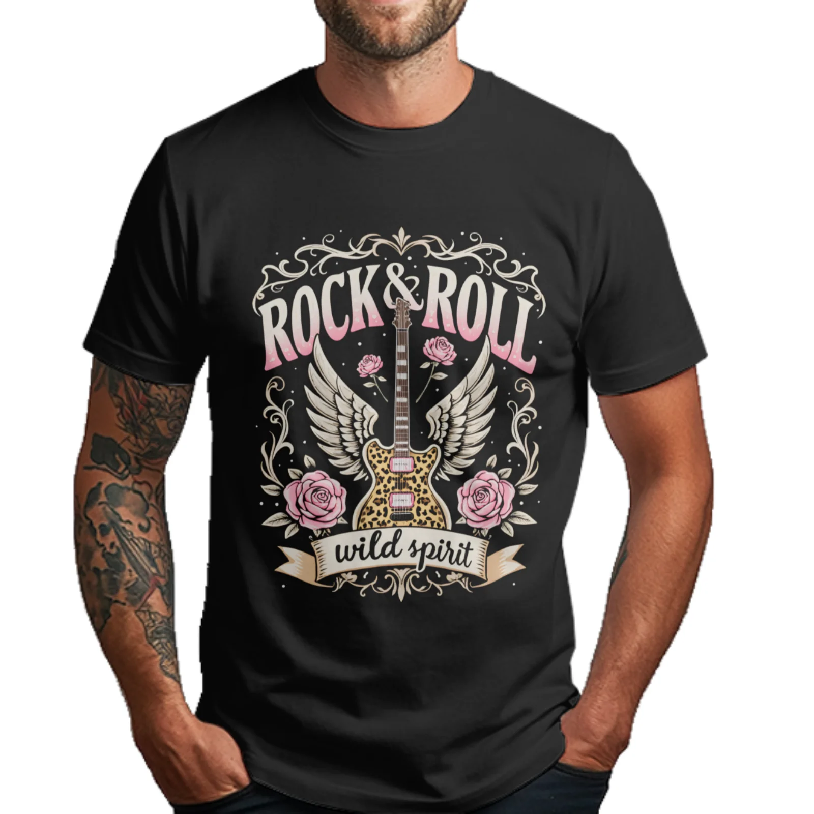 Vintage Guitar Pink Roses Wings Rock And Roll Wild Spirit Graphic Tee And Soft Comfort Fit