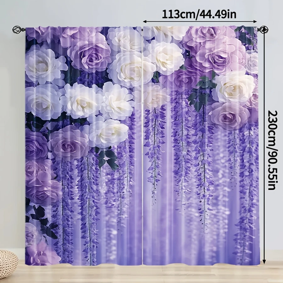 2PCS Digital Printed Curtains, Wisteria Rose Design, Floral Flower Style Rod Pocket Window Drapes for Living Room Decor