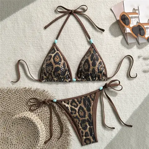 Sexy Leopard Print Bead String Swimsuit Micro Thong Halter Triangle Bikini Swimwear Woman 2026 Bather Brazilian Bikinis Sets