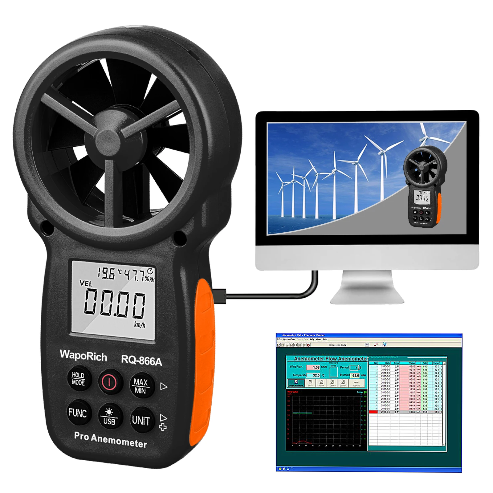 

Handheld HVAC Anemometer for CFM Air Flow, USB PC Connection, Backlit Wind Speed Meter for Kite Flying, Sailing, Surfing