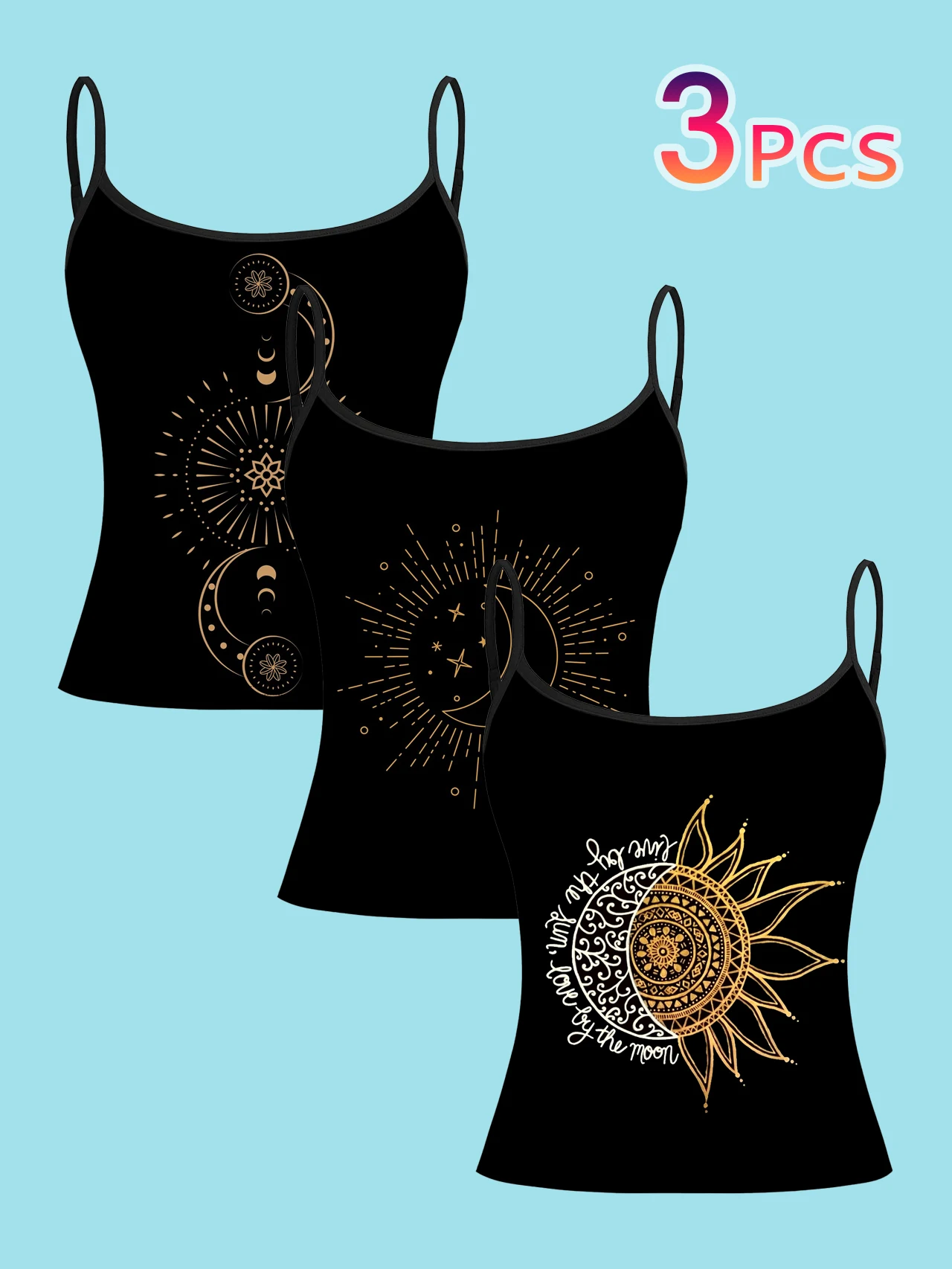 3-Piece Set of Sun and Moon Print Spaghetti Strap Camisole Tops for Women, Black Retro Mysterious Style Slim-Fit Undershirt