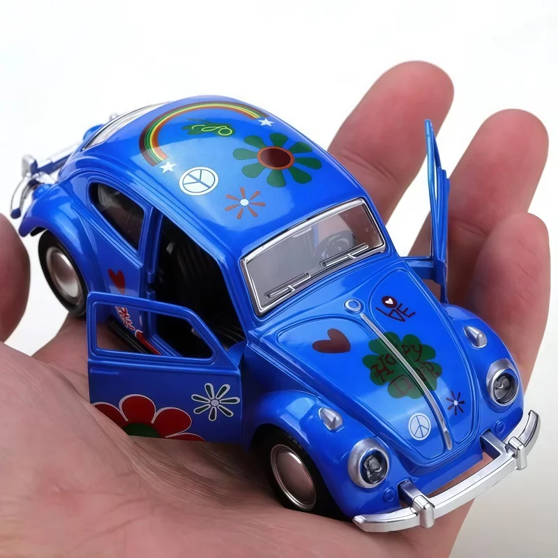 1:36 Scale Retro Beetle Style Alloy Car Model, Can Pull Back Metal Toy Car, Can Open Car Door, colorful Flower Decoration mini C view 3