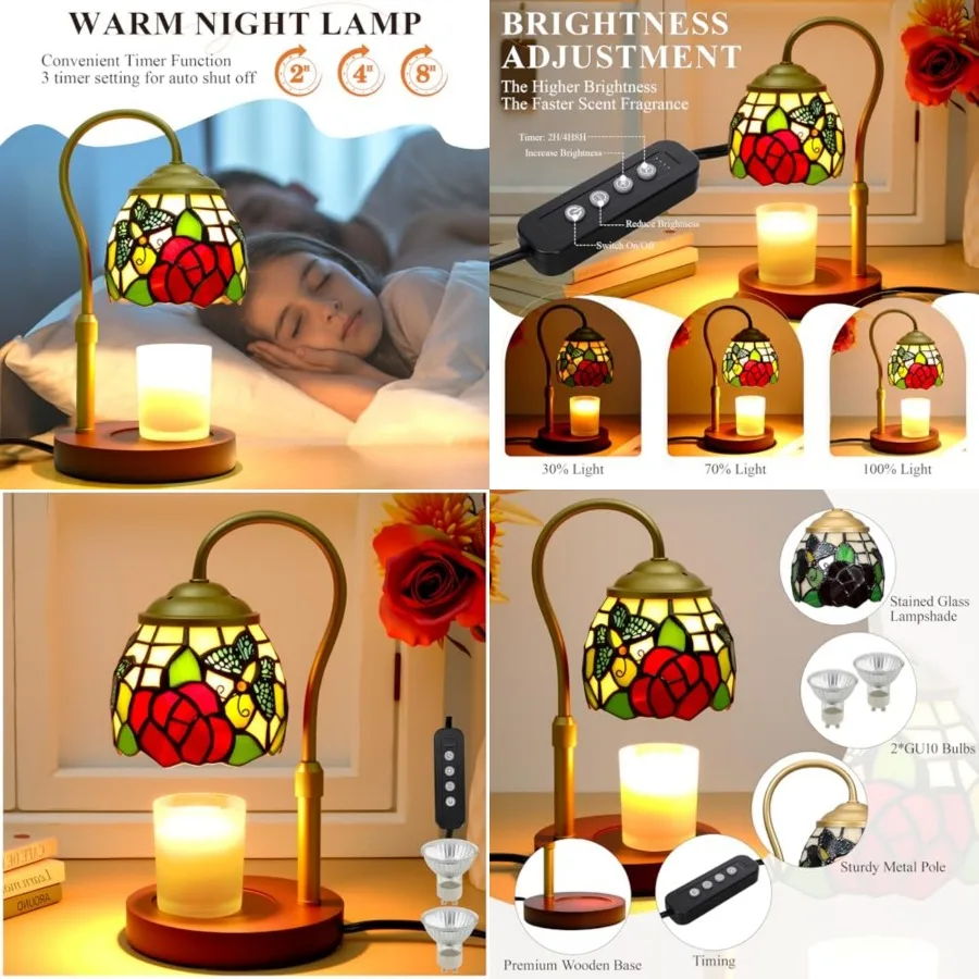 

Candle Warmer Lamp with Timer Dimmer, Tiffany Style Stained Glass Candle Lamp Warmer, Adjustable Wax Melt Warmer with 2 Bulbs f