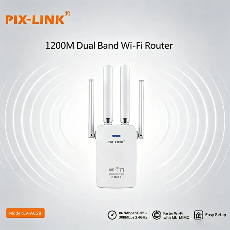 

Eliminate WiFi Dead Zones PIX-LINK AC29 1200Mbps Dual Band Repeater 4 Antennas MU-MIMO Signal Booster AP/Router Mode for Home