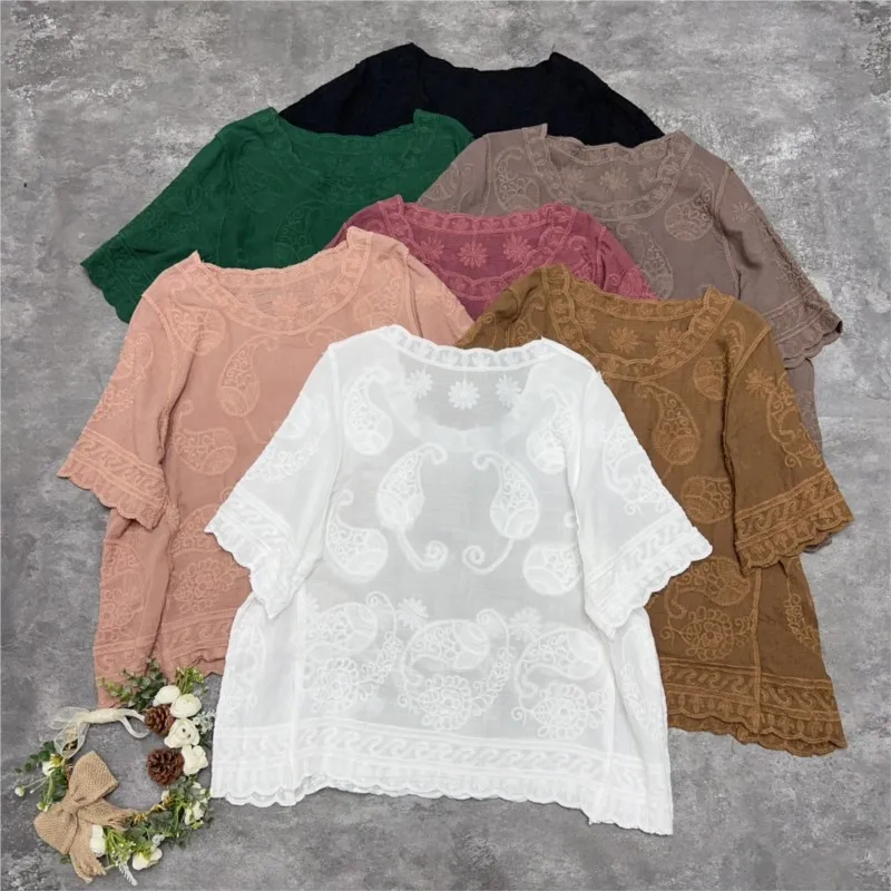 Johnature Japanese Mori Seven-color Cashew Flower Embroidery Cotton T-shirt Women 2024 New Summer Short-sleeved Tops Thin Women