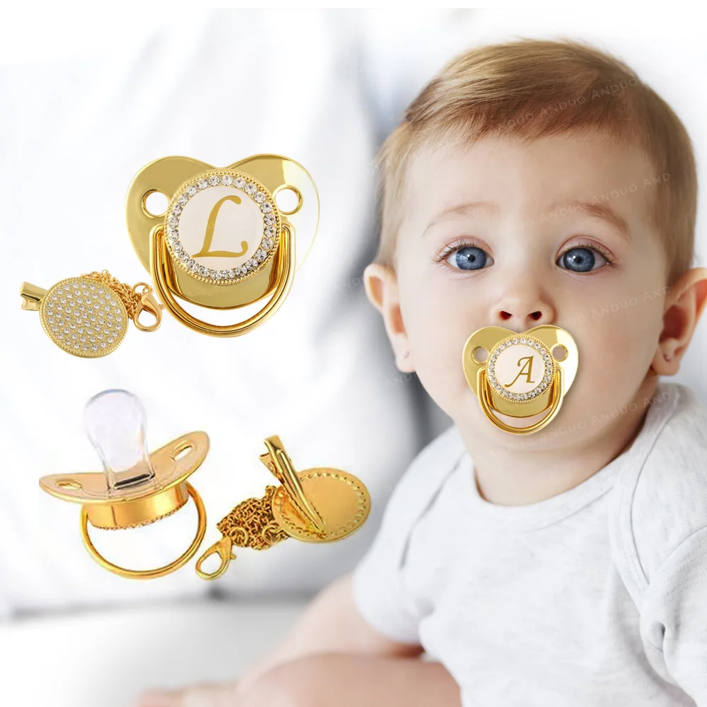 Luxury first letter pacifier designed for 0-3 year old teething babies, 26 letters optional, with dust cover fasteners, BPA free