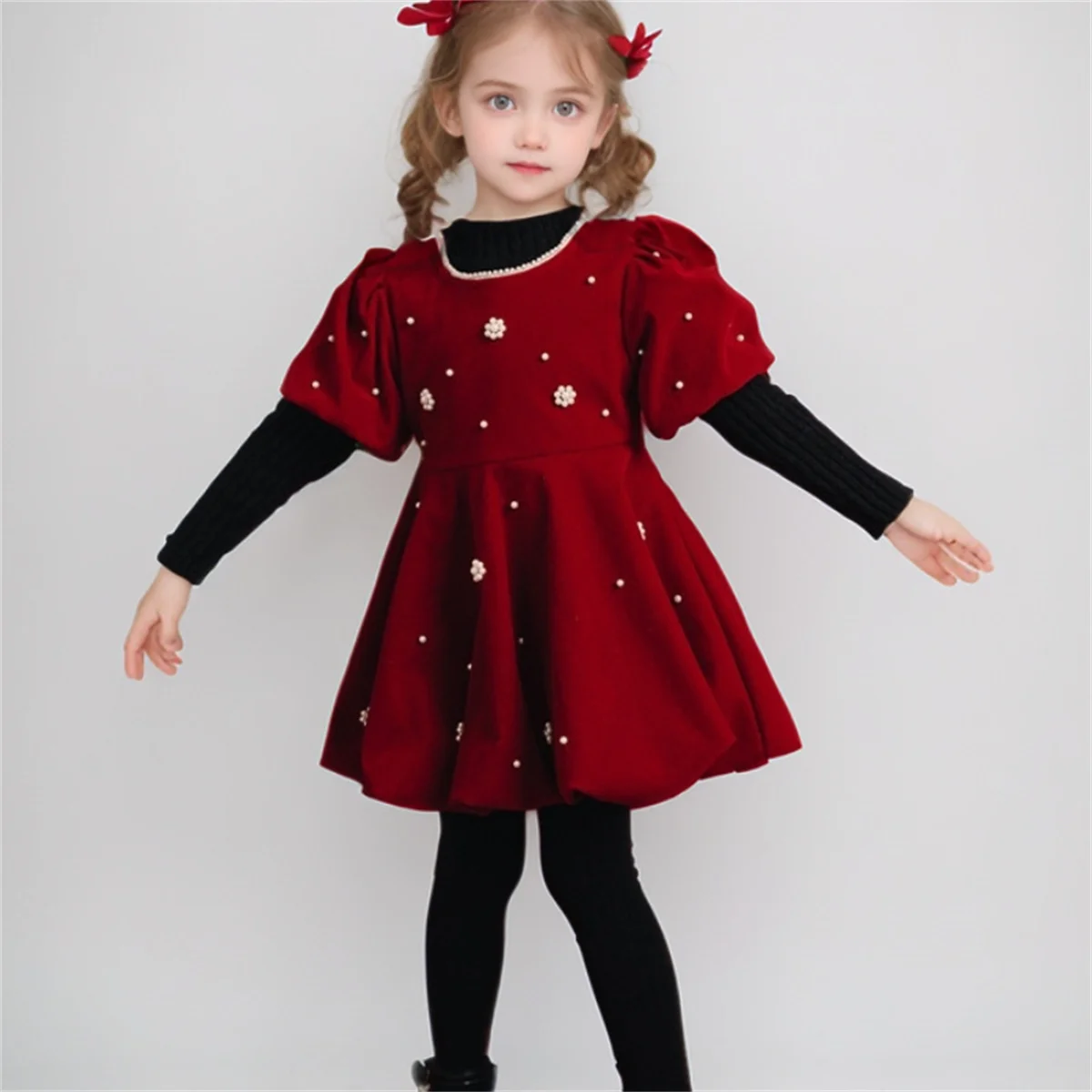 

2025 модное вязаное платье принцессы с пышными рукавами для девочек, базовый костюм, новогодняя детская одежда для 2, 3, 4, 5, 6, 7 лет, комплекты для девочек