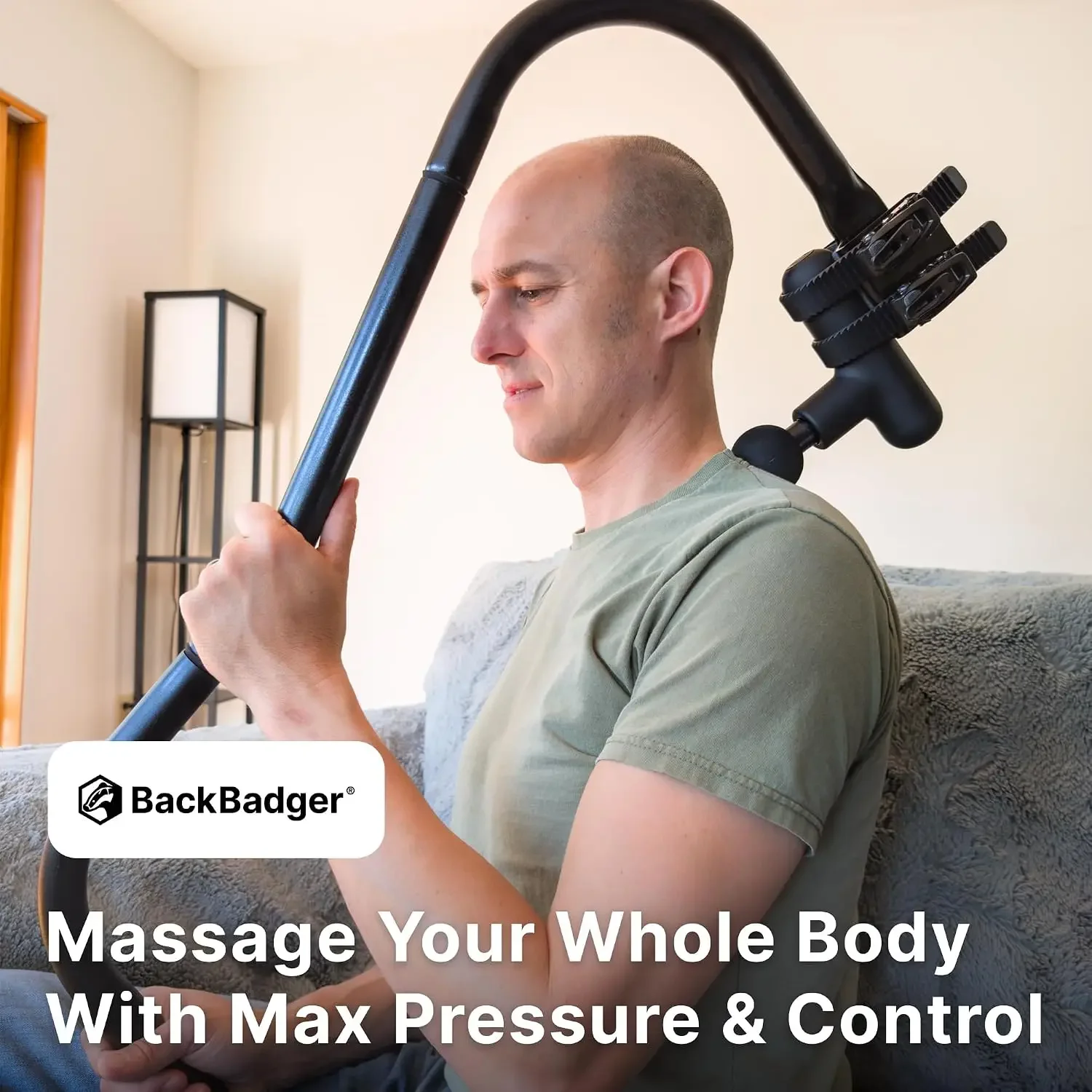 BackBadger Percussive Massage Gun Holder for Back Ergonomic Handle, Black | Ergonomic curved handle improves leverage