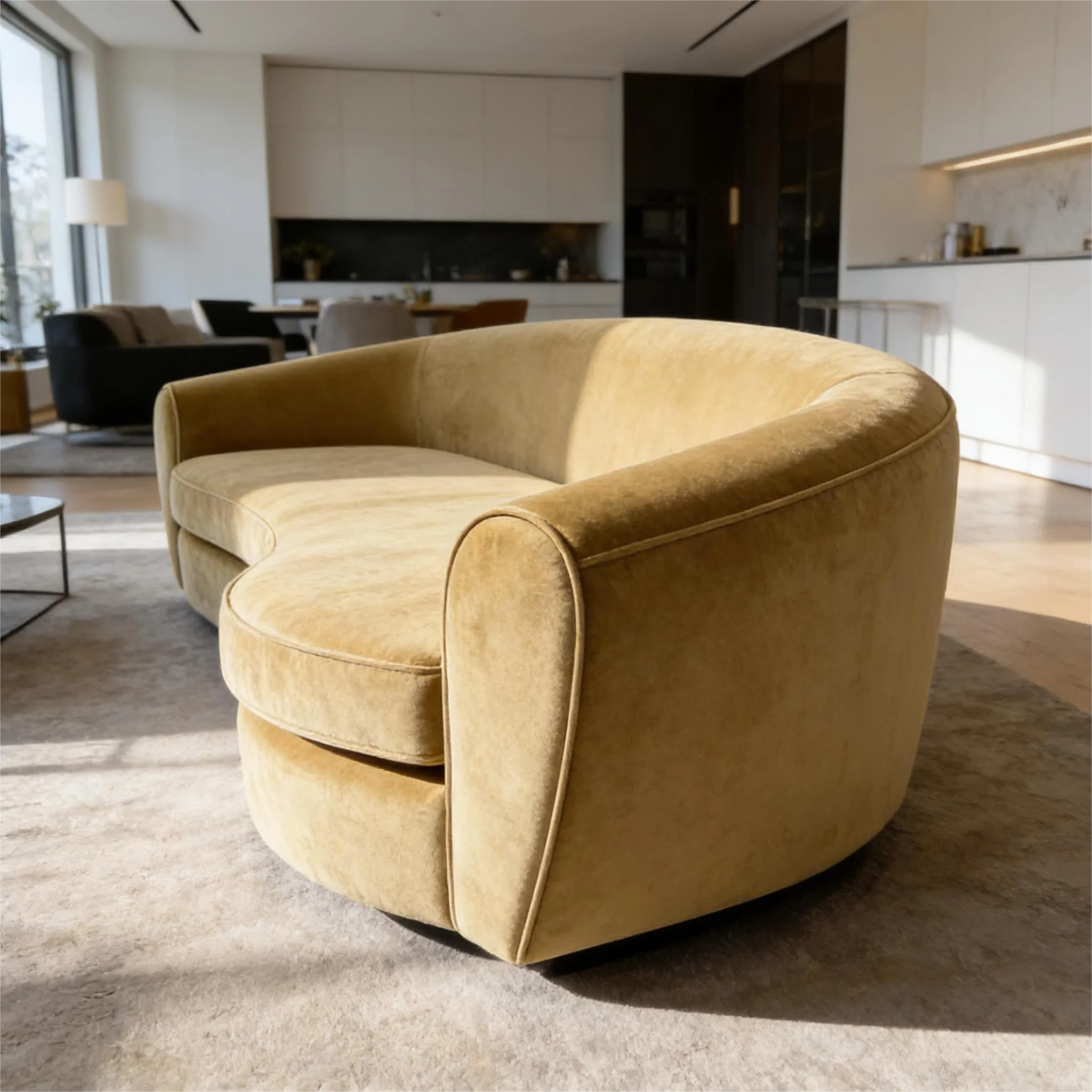 Curved Minimalist Three Seat Sofa Light Brown Fleece Durable High-Density Sponge Light Cozy Style Living Room Fabric Sofa