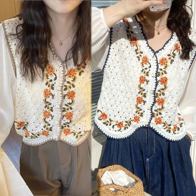 Women Chiffon Puff Long Sleeve Crop Cardigan Crochet Floral Button Blouse Shirt M6CD