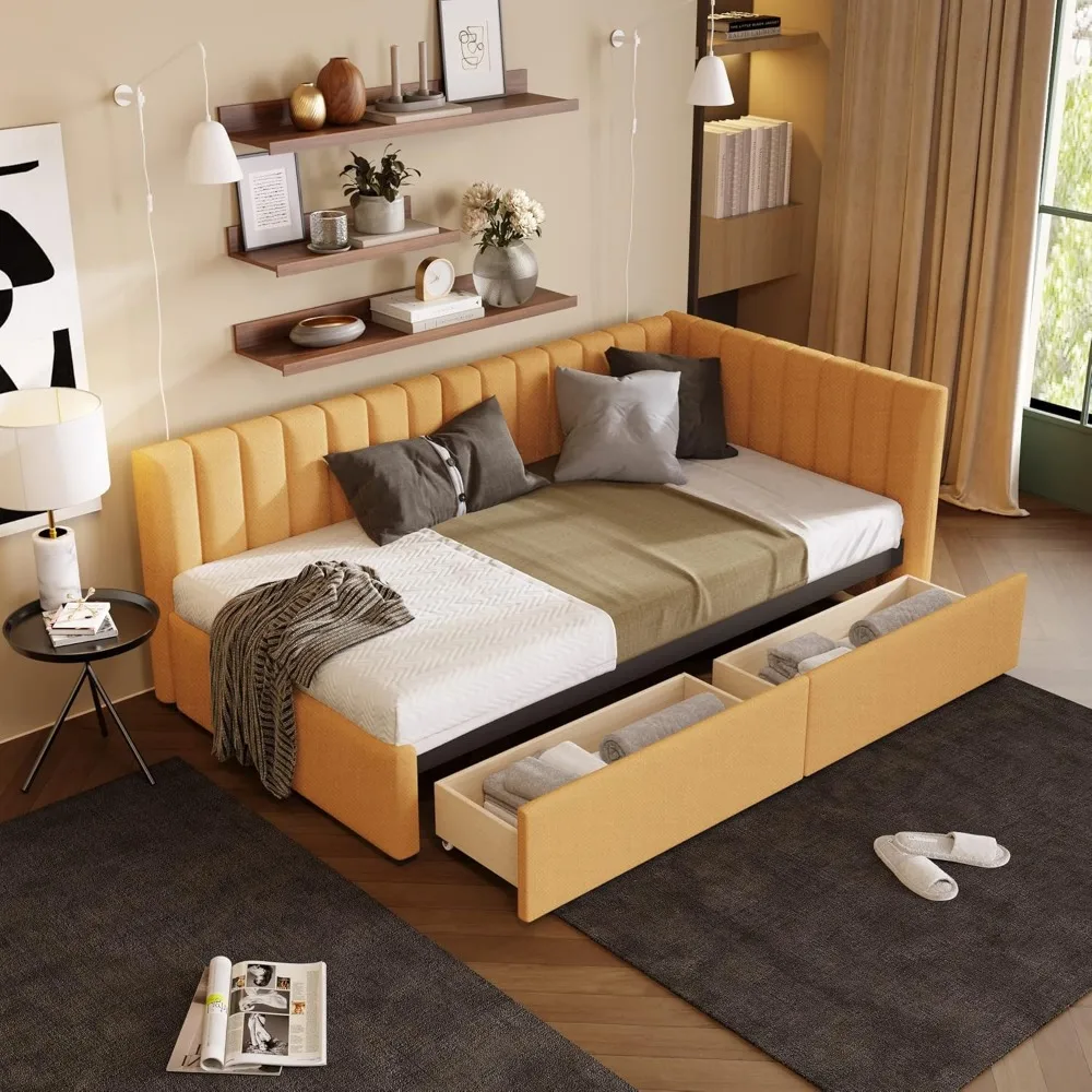 Espreguiçadeira de tamanho duplo, sofá-cama duplo estofado com 2 gavetas de armazenamento, estrutura de sofá-cama de tamanho duplo de tecido de linho, sem necessidade de molas