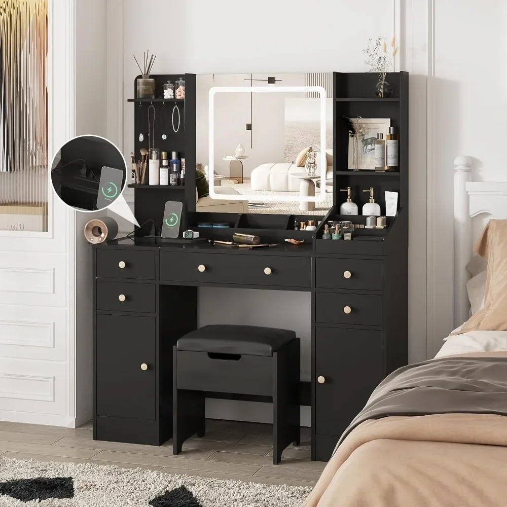 

Big Vanity With 3 Storage Compartments Dressers for Bedroom Dresser Drawer Black Makeup Vanity With 10 Lights & Power Outlets