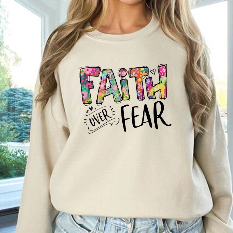 

Retro Faith Over Fear Women Sweatshirt Floral Printed Ladies Crewneck Hoodies Loose Cotton Christian Faithful Clothes Dropship