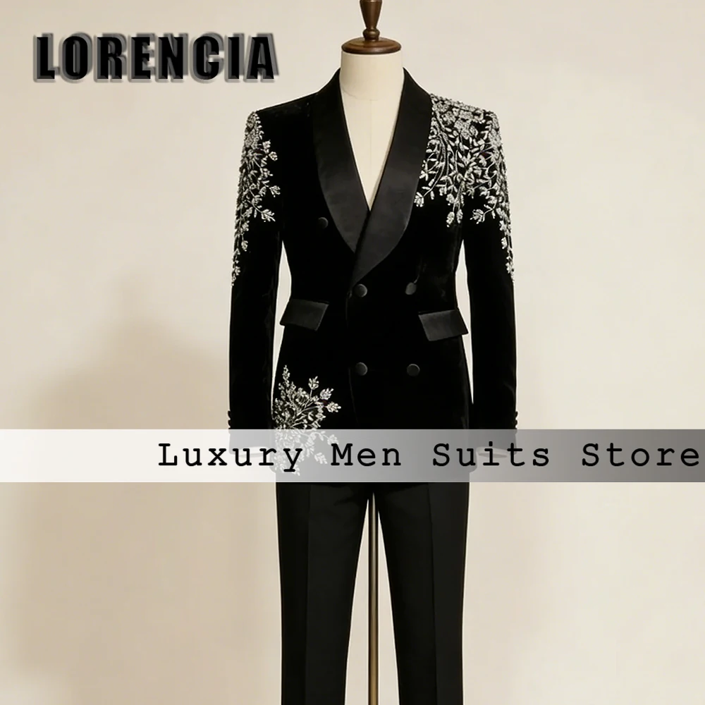 

Luxury Embroidery Suits for Male 2 Pieces Shawl Collar Pearls Wedding Groom Tuxedos Customized Blazer Pants roupas masculinas