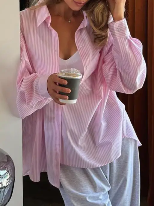 

Casual Minimalist Style Striped Printed Button Down Long Sleeved Shirt, Autumn Lapel Striped Fashionable Women's Loose Shirt