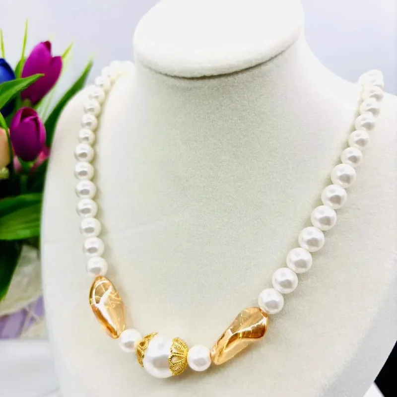 Shijia pearl necklace with natural flesh-colored crystal stone, original design by European and American designers, high-end