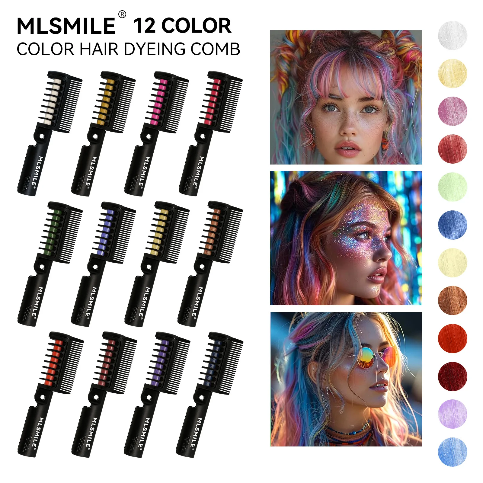 MLSMILE 12 Colors Temporary Hair Color Comb Washable Foldable Hair Dye Comb Disposable Hair Chalk for Party Cosplay