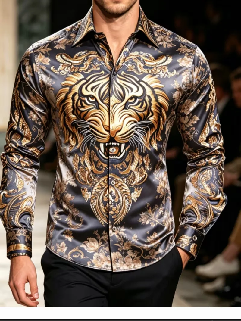 Men Dark Gray Satin Long Sleeve Shirt Blue Ethnic Geometric Patchwork Lapel Slim Fit Street Business Party Male Dress Shirts