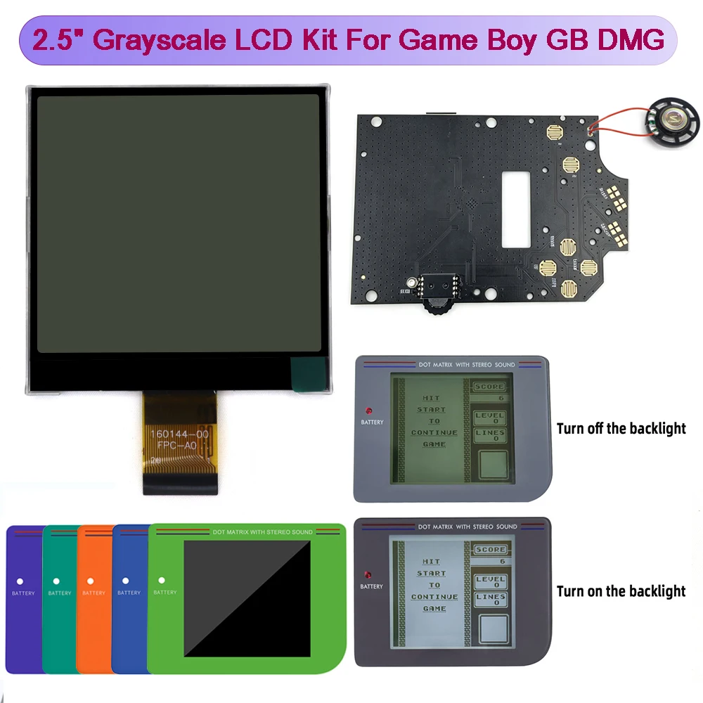 Newest Real Drop-in 2.5 inches Grayscale LCD Screen Kit For GameBoy GB DMG Same Display Size Easy Install w/ Multi Color Screen