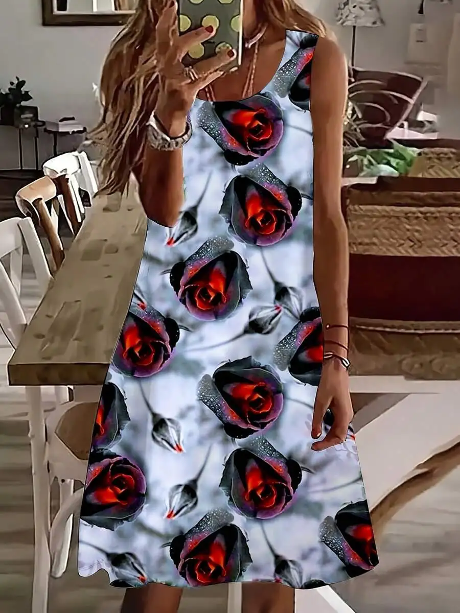 

Women Sleeveless Rose Print Floral Dress Summer Casual A-Line Dress
