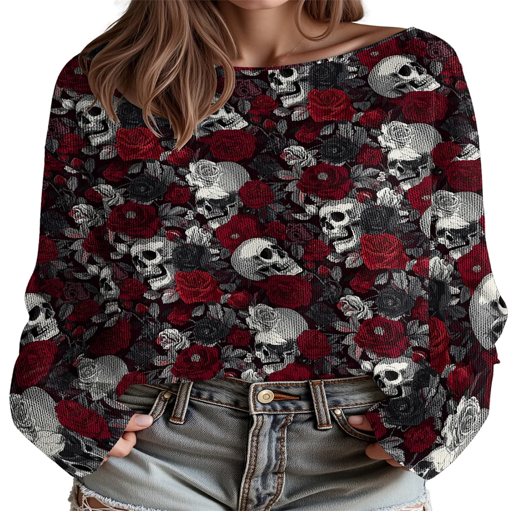 

Halloween Skull Print Sweater Women's Knitted Jumpers Female Long Sleeve Streetwear Pullover Tops 3