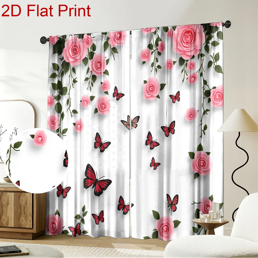 Romantic Floral Rose Butterfly Curtains Pair Blush Pink Cottagecore Window Drapes Sheer Panels Elegant Cottage Style House Decor