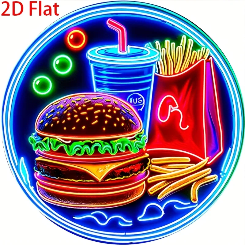 2026 2D Flat Vintage Neon Burger Fries Soda Wooden Sign, Retro Fast Food Round Plaque, Rustic Hamburger Cheeseburger Bar Cafe