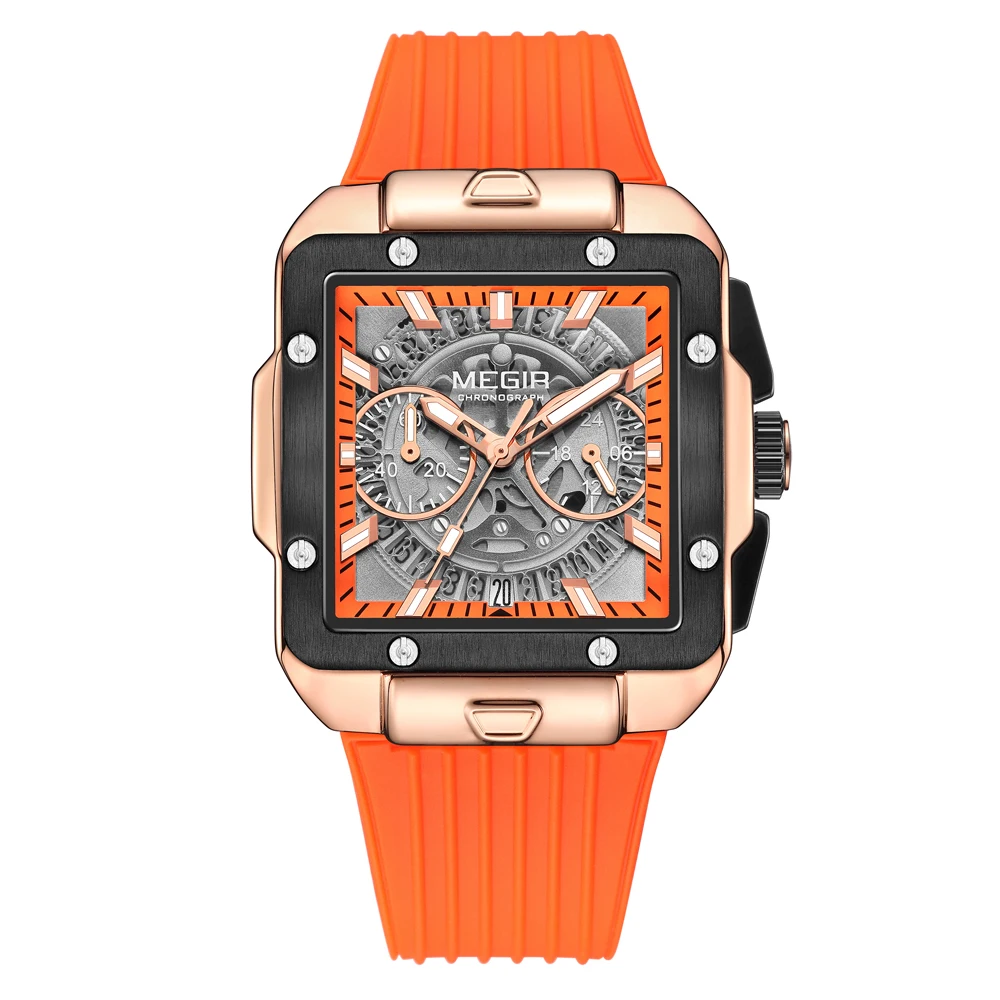 ساعة MEGIR كوارتز كرونوغراف للرجال، مقاومة للماء، رياضية مضيئة، متعددة الوظائف، حزام سيليكون، تاريخ تلقائي