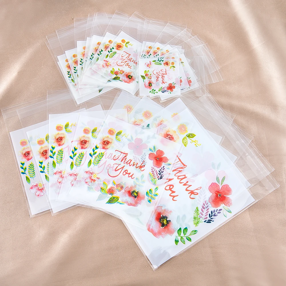 100Pcs four Sizes White Flower Thank You Plastic Gift Pouch Self-adhesive Biscuits Candy Jewelry Gift Packaging OPP Plastic Bag