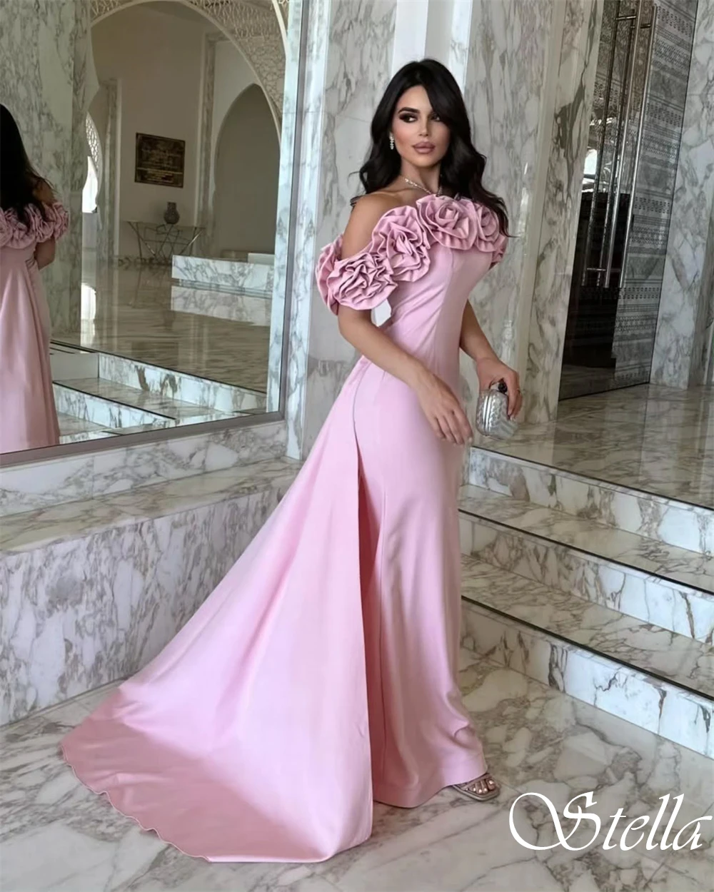 Customized Strapless Short Sleeves Exquisite Evening Dress Mermaid Floor Length Cocktail Dress Watteau Train Luxury Prom Dress