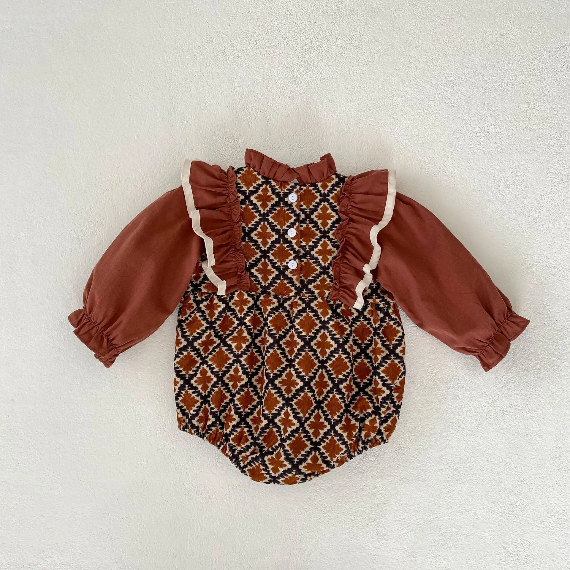 Instagram Autumn New Fashion Versatile Infant and Toddler Girl Baby Corduroy Printed Contrast Color Long sleeved Sweetheart Jump