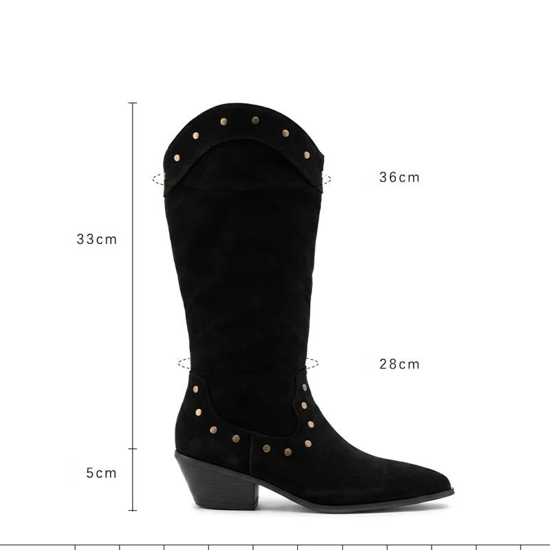 ORCHA LISA Black Womens Tall Long  Booties Pointed Toe 5cm Sturdy Heel Metal Studs Velvet Plus Size 44 45 46 47 48 49 50